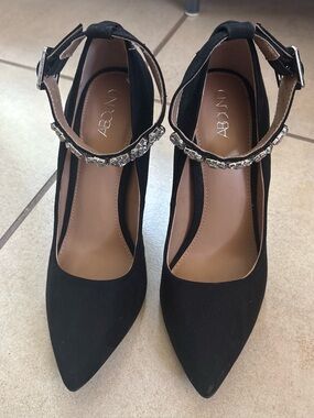 Abound Black Suede Pointed Toe Ankle Strap Pumps with Crystal Accent